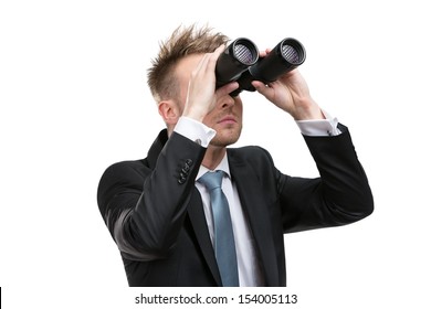 Business Man Wearing Suit With Blue Tie Hands Binoculars, Isolated