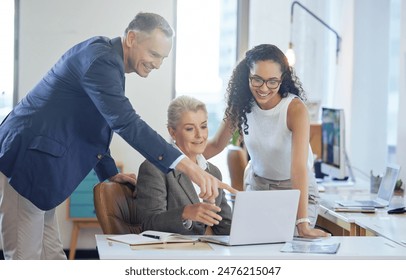 Business man, woman and employee by laptop for advice, communication and training. Mentorship, internship and collaboration for company project, support or feedback with computer for administration - Powered by Shutterstock