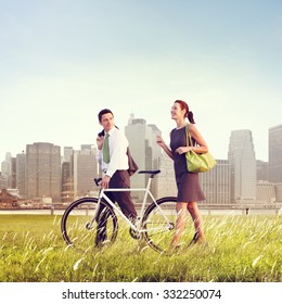 Business Man Woman Pushing Bike City Concept