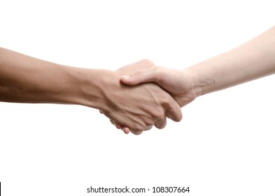 business man and woman shaking hands, isolated on white