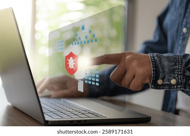 Business man work with laptop seek data folder are attack from malware virus.
