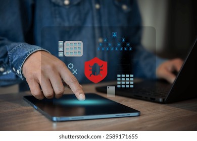 Business man work with laptop seek data folder are attack from malware virus. 