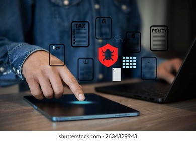 The Business man work with laptop seek data folder are attack from malware virus. 