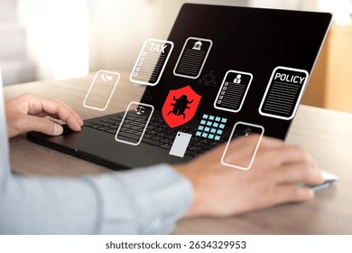 The Business man work with laptop seek data folder are attack from malware virus. 