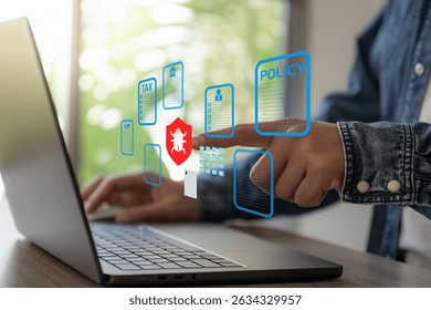Business man work with laptop seek data folder are attack from malware virus. 