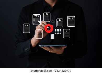 The Business man work with laptop seek data folder are attack from malware virus. 