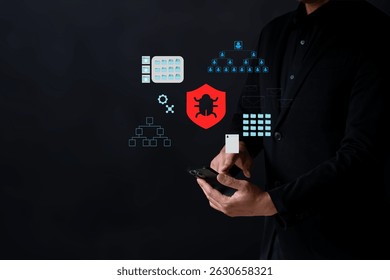 Business man work with smartphone seek data folder are attack from malware virus. 