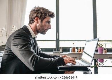 Business Man Working On Computer Desk - Busy Office Worker Computing On Lap Top