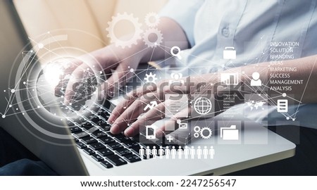 Business man working on computer with info-graphic