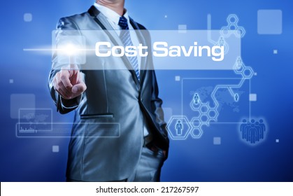 Business man working on digital virtual screen press on button cost saving