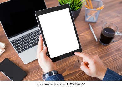 Business Man Working On Tablet Computer. Tablet Vertical Screen Mockup.