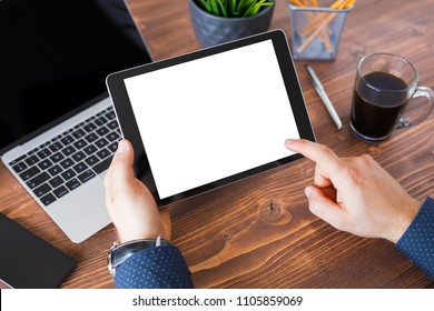 Business Man Working On Tablet Computer. Tablet Horizontal Screen Mockup.