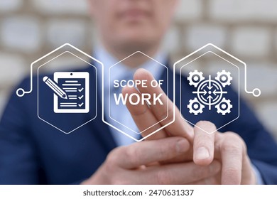 Business man working on virtual touch screen presses inscription: SCOPE OF WORK. Scope of Work Business Finance Internet Technology concept.