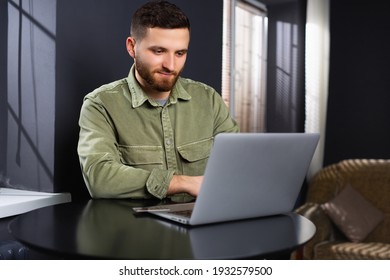 Business Man Working Online On A Laptop While Sitting Alone At His Desk In A Quiet Office After Hours,early In The Morning, Overworked Entrepreneur.