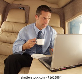 Business Man Working At Private Jet.