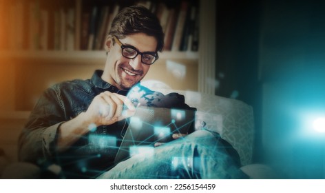 Business man with world hologram, futuristic technology and ai, global and tech transformation overlay with network. Internet, digital future and metaverse, 3d cyber system mockup and data analytics