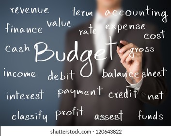 business man writing accounting concept of budget