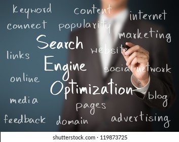 Business Man Writing Search Engine Optimization  ( SEO ) Concept