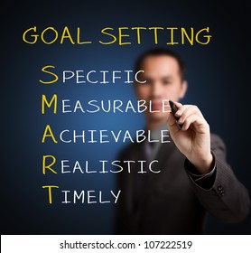 business man writing smart goal or objective setting - specific - measurable - achievable realistic - timely