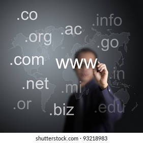 Business Man Writing Various Website Domain Name With World Map Background On Whiteboard