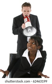 Business Man Yelling At Woman Through Blow Horn Over White.