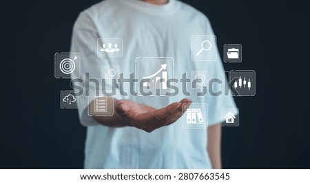 Business management and digital workflow concept featuring virtual business icons, performance analytics, document management, strategic planning, process optimization, and productivity growth.