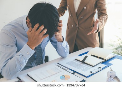 Business Manager blaming employee who getting stressed ,bad work, emotional pressure, mistake in office. Blaming Business Concept