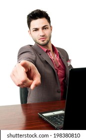 The Business Manager Pointing To The Screen With An Attitude Saying That You Are The Employee Of The Month. The Photo Has A White Background.