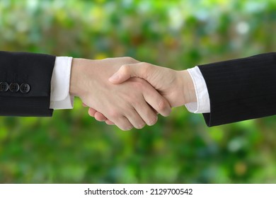 Business man's hand shaking on natural green background