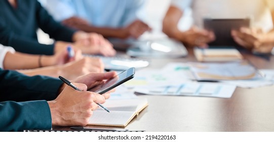 Business marketing meeting and manager with tablet searching the internet for teamwork in an office. Closeup hands of employee working on project management strategy with an online app in a - Shutterstock ID 2194220163