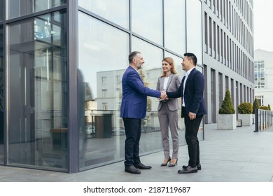 Business Meet, Colleagues Happy Team Meet Outside Office, Greet Shake Hands, Diverse Employees In Business Suit, Man And Woman Business People