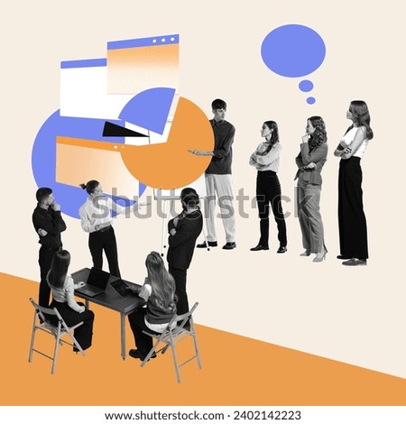 Business meeting, briefing. Employees, colleagues meeting for project discussion, working with analytics and strategies. Contemporary art collage. Concept of efficiency, business, office, workflow