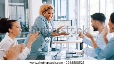 Business meeting, celebration and certificate reward for achievement with gratitude thank you. Diversity men and women appreciation applause for target, congratulations or winning promotion mockup