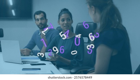 Business meeting with colleagues discussing ver floating numbers image. collaboration, teamwork, brainstorming, analytics, data, corporate