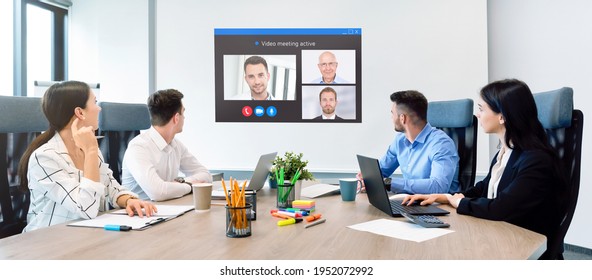 Business Meeting In The Conference Room. Remote Connection, Web Conference, Video Chat Concept