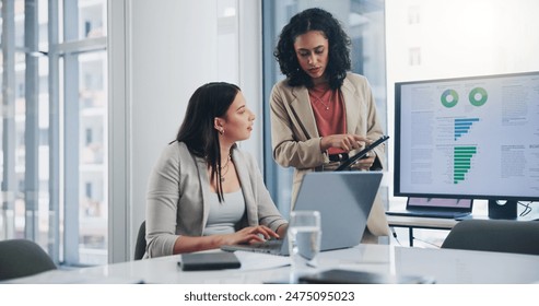 Business meeting, data analytics or women with graph presentation in office for tablet, idea or laptop collaboration. Chart, analysis or accounting team brainstorming economy, inflation or solution - Powered by Shutterstock