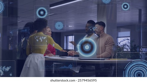 Business meeting with diverse team over digital interface with data processing images. teamwork, collaboration, technology, animated graphics, virtual meeting, innovation