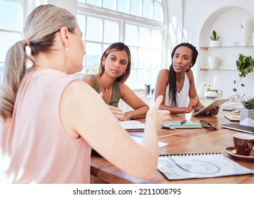 Business Meeting, Diversity And Women With Leader, Manager Or Coach For Training, Teamwork And Creative Collaboration Talk. Leadership Female, SEO And Workshop For Marketing Team Listening At Table