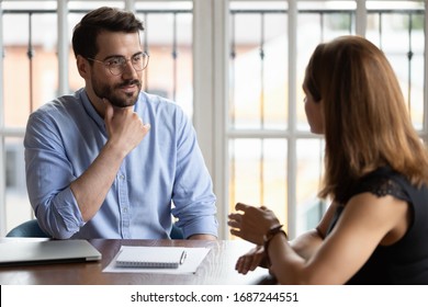 Business Meeting, Job Interview And Staffing Hiring Process, Applicant And HR Manager, Mentor Gives Instructions To New Employee, Customer And Company Representative Communication In Office Concept