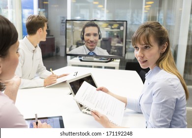 Business meeting in office, group Of Businesspeople In video conference 