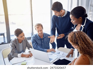 Business meeting, people and accountants with laptop, documents and sales chart for financial report. Corporate team, budget talk and accounting for communication, teamwork or resource planning - Powered by Shutterstock