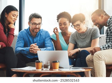 Business, meeting and people with laptop in office for project information, review and IT research. Team, diversity and developer with tech for software development, advice and open source planning