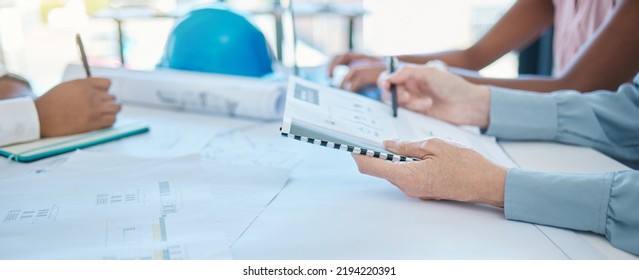 Business Meeting, Planning And Architecture Or Engineering Internship With Teamwork And Collaboration. Close Up, Hands And Ideas With Blueprints For Future Engineer Vision And Mission For Innovation