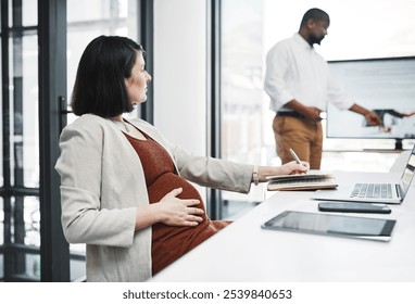 Business, meeting and pregnant woman writing notes, discussion memo and minutes in office. Pregnancy, work notebook and employee planning schedule, agenda and secretary coworking in creative startup - Powered by Shutterstock