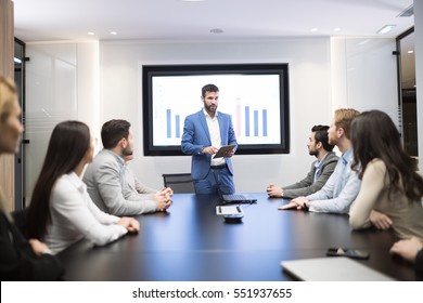 Business Meeting And Presentation  In Modern Conference Room For Colleagues