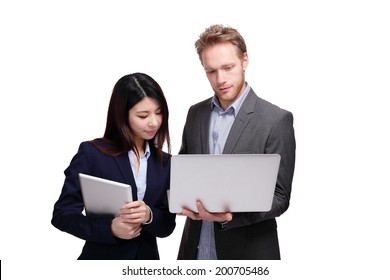 Business Meeting - Two Managers Discussing On Tablet Computer Isolated On White Background