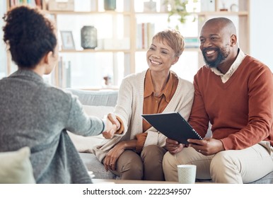 Business meeting, welcome handshake and couple meet with lawyer or financial advisor. Elderly married man, wife and woman retirement conversation, planning and insurance documents for estate finance