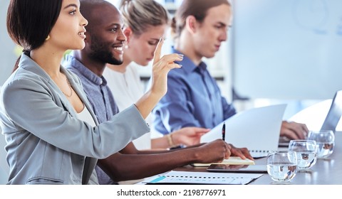 Business Meeting With Woman Hand Raise In Boardroom For Question On Diversity And Company Business Strategy Success. Corporate Management Team Presentation And Planning Of Global Vision And Mission