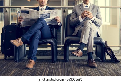 Business Men Break Sit Read Newspaper