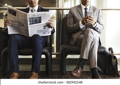 Business Men Break Sit Read Newspaper